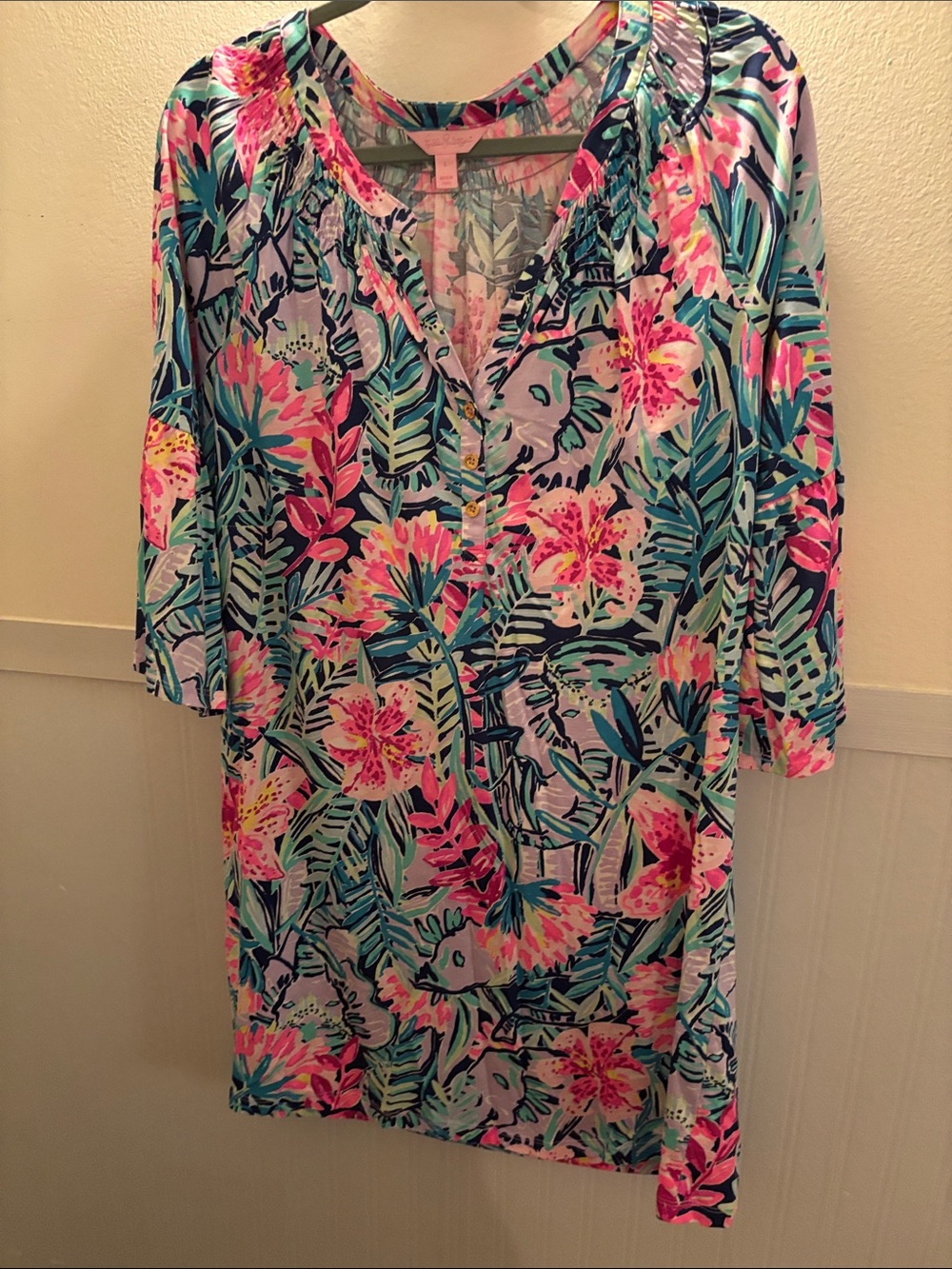 Floral Tropical Print V-Neck Women’s Dress in Pink & Blue